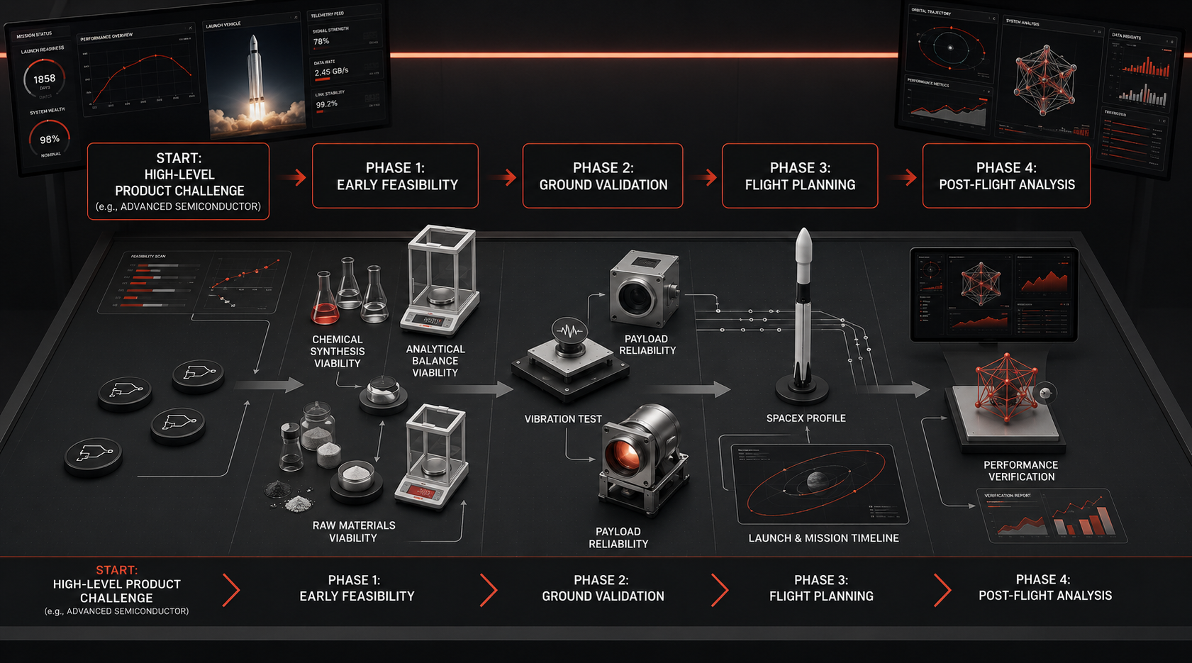 Elethron R&D campaign workflow — high-level product challenge through early feasibility, ground validation, flight planning, and post-flight analysis