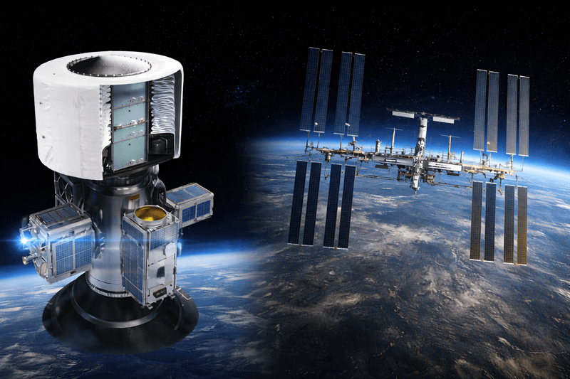 Elethron Materials Lab integrated with a commercial free-flyer alongside a space station