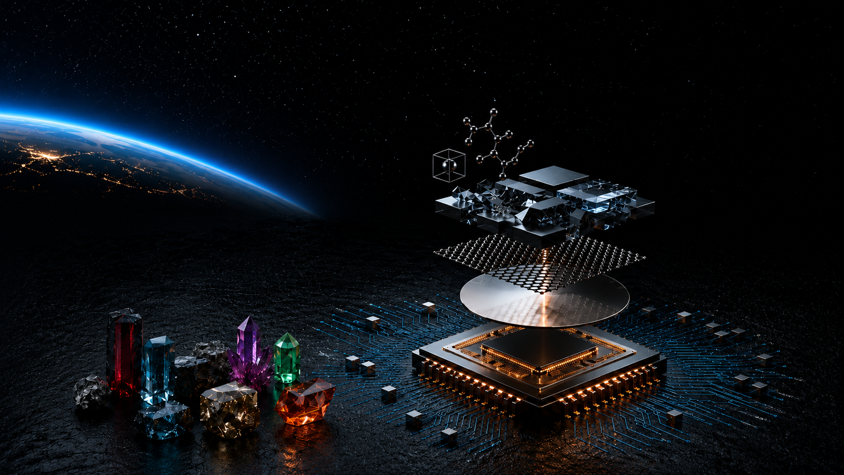 Microgravity-grown crystals and minerals beside an advanced semiconductor stack — from atomic structure to chip — under Earth's horizon and a starfield